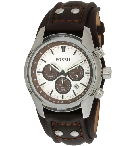 Fossil Mens Stainless Steel Chronograph Watch with Genuine Brown Leather Strap