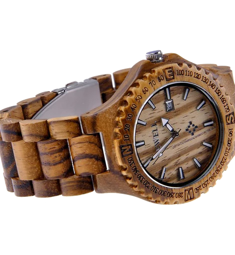 MEKU Handmade Wooden Wrist Watches Quartz with Solid Natural Zebrawood and Date Calendar