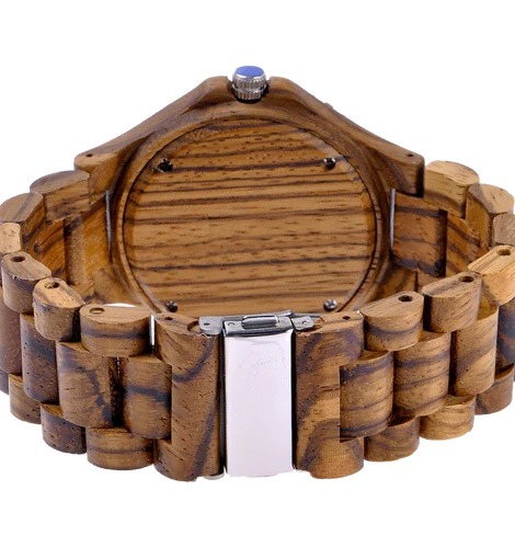MEKU Handmade Wooden Wrist Watches Quartz with Solid Natural Zebrawood and Date Calendar