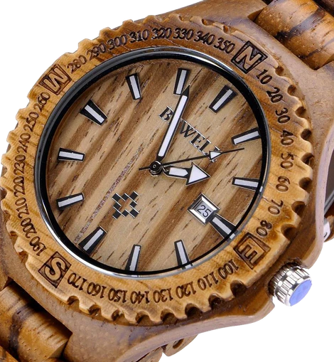 MEKU Handmade Wooden Wrist Watches Quartz with Solid Natural Zebrawood and Date Calendar