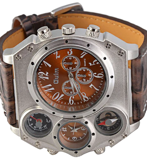 Oulm Analog Dark Brown Leather Strap Four Sub-dials Men Watch