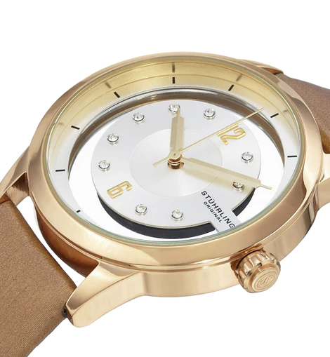Stuhrling Original Womens 946L 03 Winchester Swarovski Crystal Accented 23k Gold Layered Watch with Champagne Leather Band
